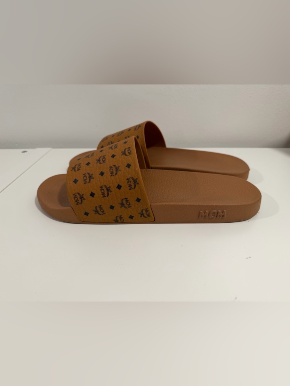 MCM Cognac monogram  Logo Slide Sandals - Brown size 45